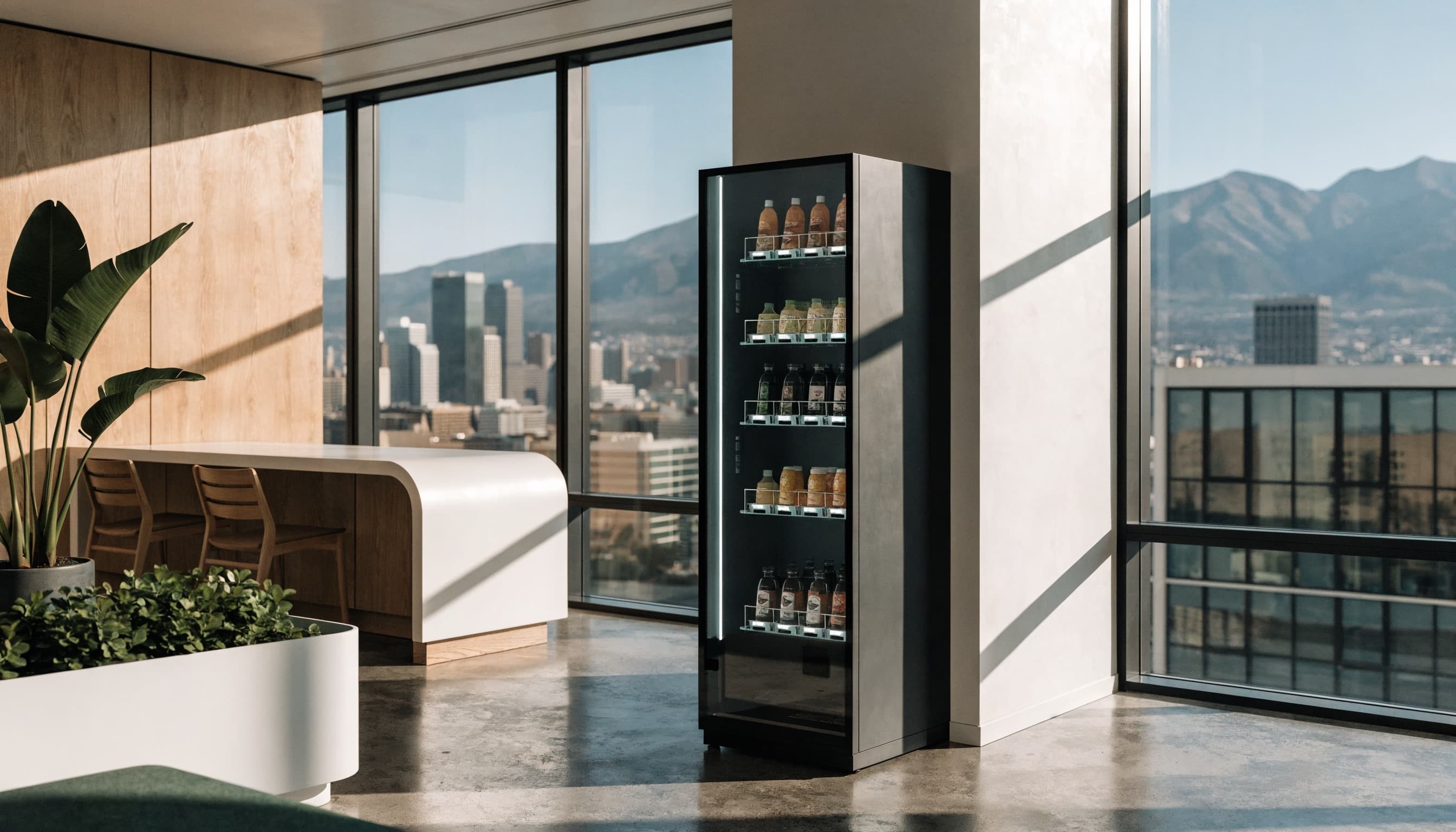A modern Quickstop smart vending machine beside windows overlooking the Colorado Rockies